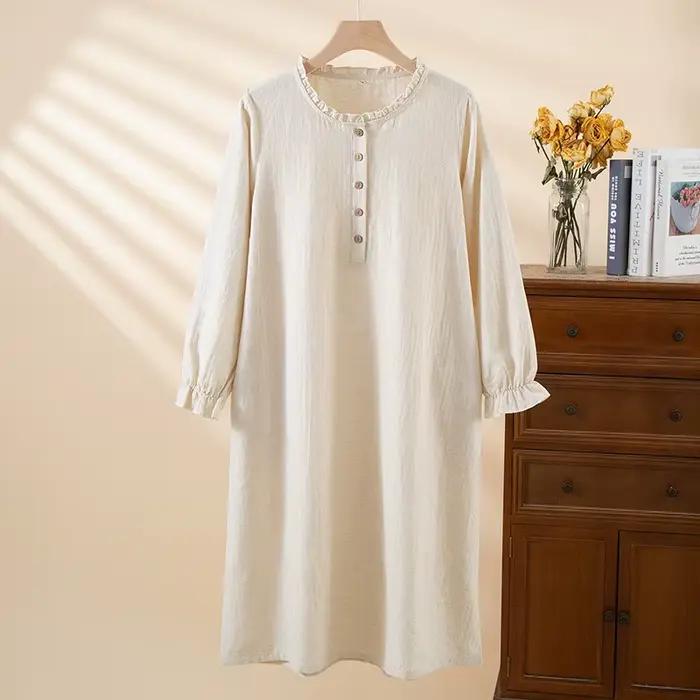 2025 Chemise de nuit simple en coton et lin pour femmes