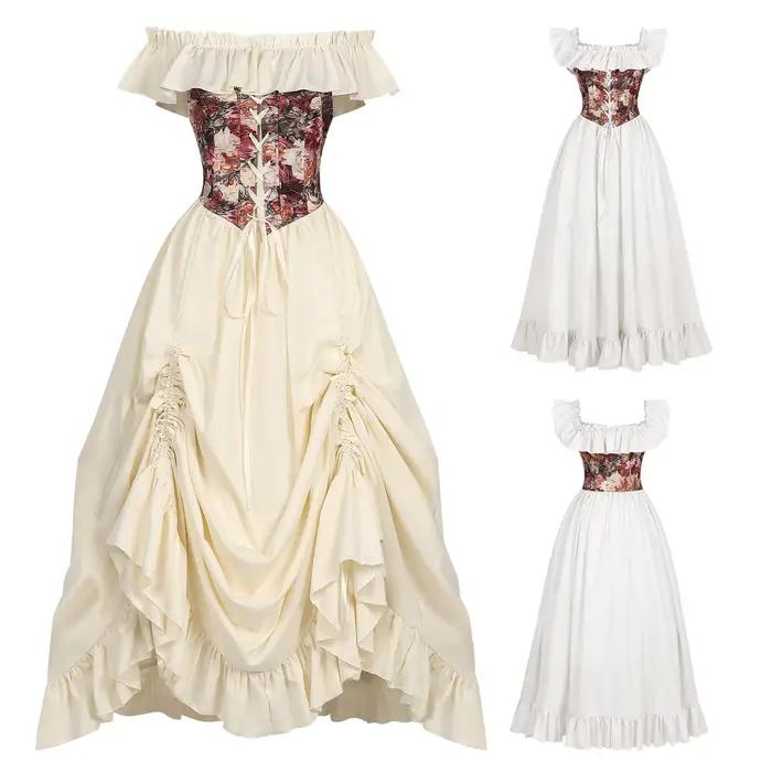 Robe Corset Médiévale Renaissance Épaules Dénudées Femme Élégante Corset Floral Vintage Gothique Victorien Costume d'Halloween Robe de Bal