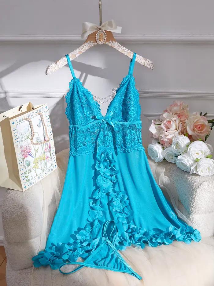 Ensemble de lingerie babydoll en dentelle bleue pour femme - Chemise à bretelles fines et col en V profond avec string