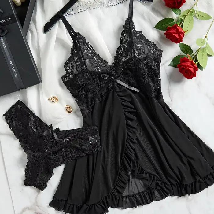 Tulle bretelles dentelle col en v vêtements de nuit sous-vêtements Semi-transparent robe