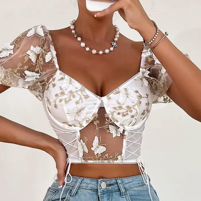 Papillon broderie bulle manches hauts Corset gilet mince été Sexy culture débardeur femmes décontracté Camisole Streetwear Y2k vêtements