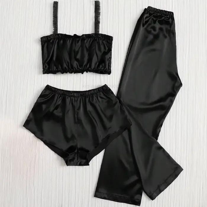 Ensemble pyjama en Satin plissé de couleur noire