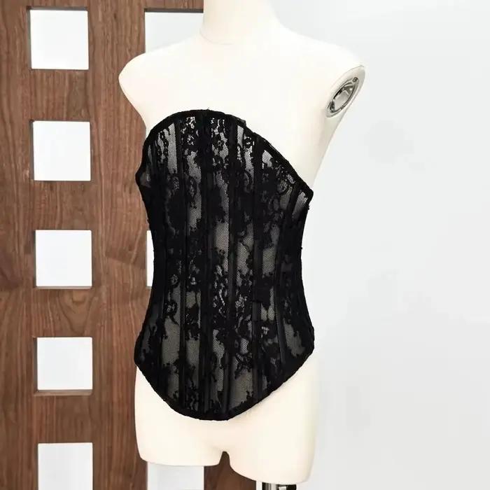 Bustier en dentelle noire transparente pour femmes, Corset Sexy sans bretelles, désossé, haut court, Slim Fit, bustier gothique, fête