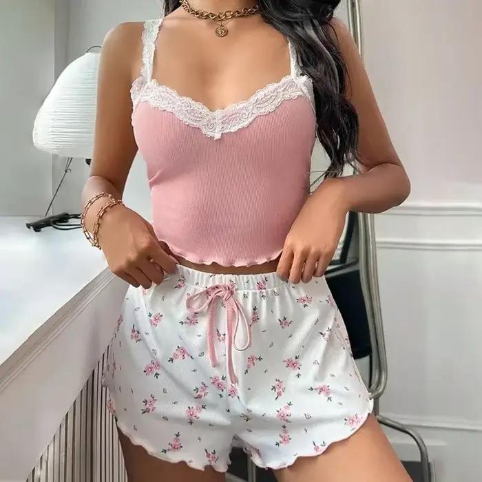 Femmes pyjama ensemble dentelle Patchwork col en v vêtements de nuit Sexy femme nuisettes costume Cami haut imprimé