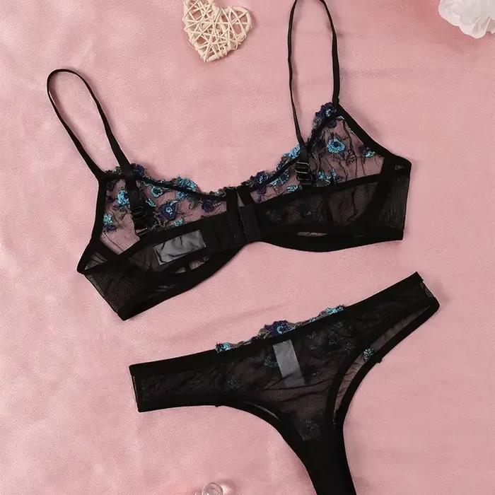 Lingerie en dentelle transparente brodée pour femmes