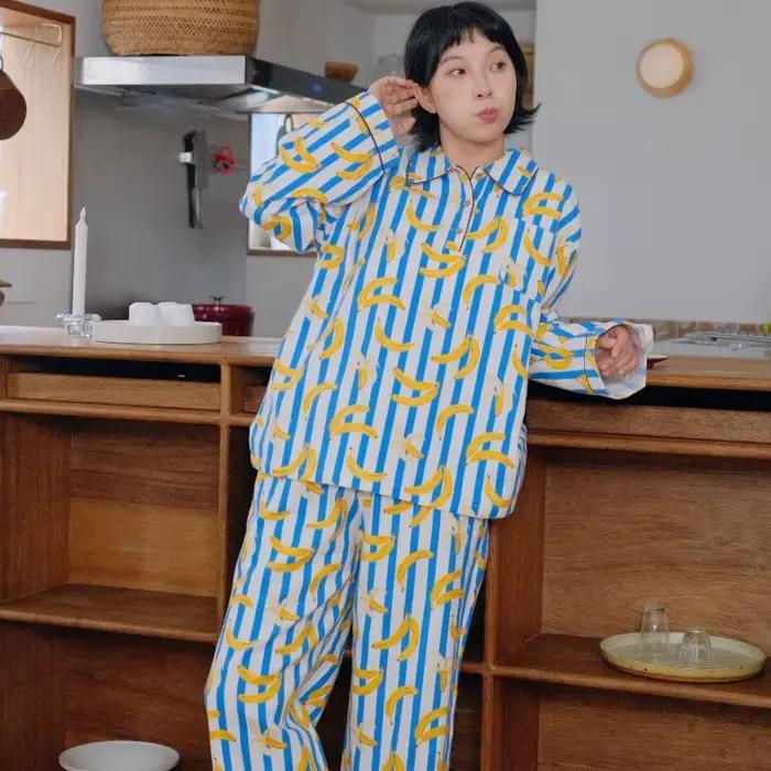 Rayé banane pyjama ensemble femmes mignon dessin animé fruits vêtements de nuit 100% coton à manches longues