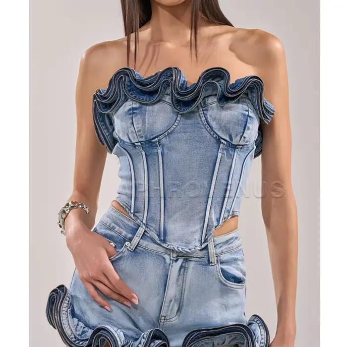Corset en jean vintage pour femme, bustier épaules dénudées à volants et fermeture éclair, style Y2K streetwear, coupe ajustée, serre-taille pour soirée