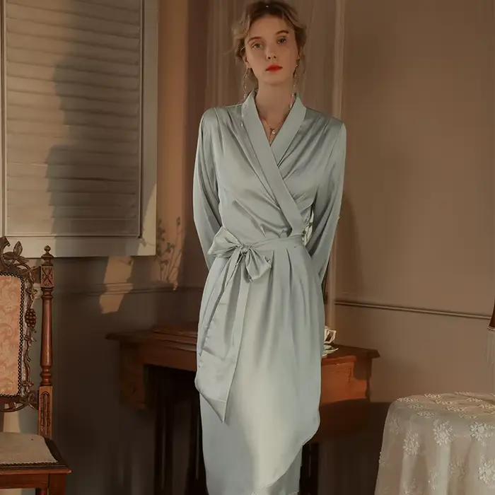 Dame à manches longues Robe chemise de nuit Sexy vêtements de détente mariée Kimono peignoir