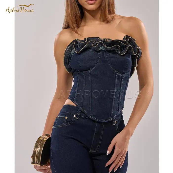 Corset en jean vintage pour femme, bustier épaules dénudées à volants et fermeture éclair, style Y2K streetwear, coupe ajustée, serre-taille pour soirée