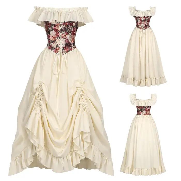 Robe Corset Médiévale Renaissance Épaules Dénudées Femme Élégante Corset Floral Vintage Gothique Victorien Costume d'Halloween Robe de Bal