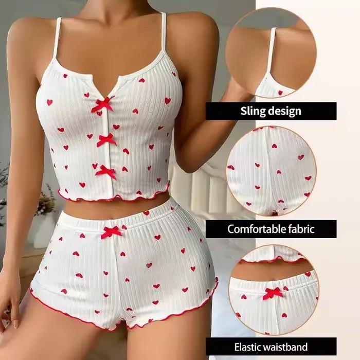 Vêtements de nuit femmes pyjamas ensemble coeur imprimé tissu côtelé doux avec glamour volants garniture décontracté