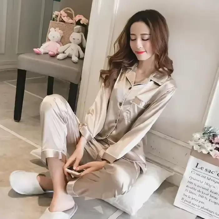 Femmes soie Satin Pyjamas ensemble vêtements de nuit Pijama