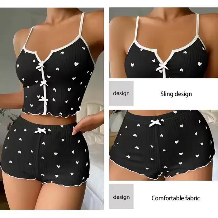 Vêtements de nuit femmes pyjamas ensemble coeur imprimé tissu côtelé doux avec glamour volants garniture décontracté
