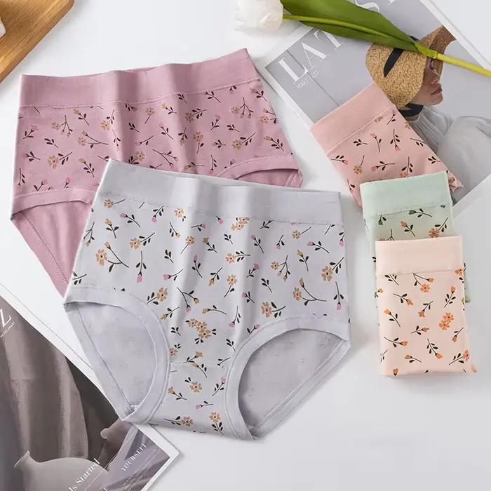 Culotte imprimée en coton doux pour femme, sous-vêtement respirant, taille haute, culotte pour fille, pantalon floral, lingerie sexy, caleçon pour femme