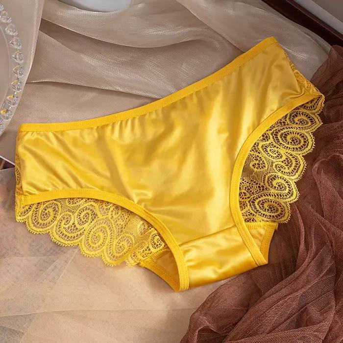 Culotte femme jaune sous-vêtements en Satin de soie dentelle Lingerie Sexy respirant taille moyenne slip