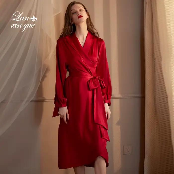 Dame à manches longues Robe chemise de nuit Sexy vêtements de détente mariée Kimono peignoir