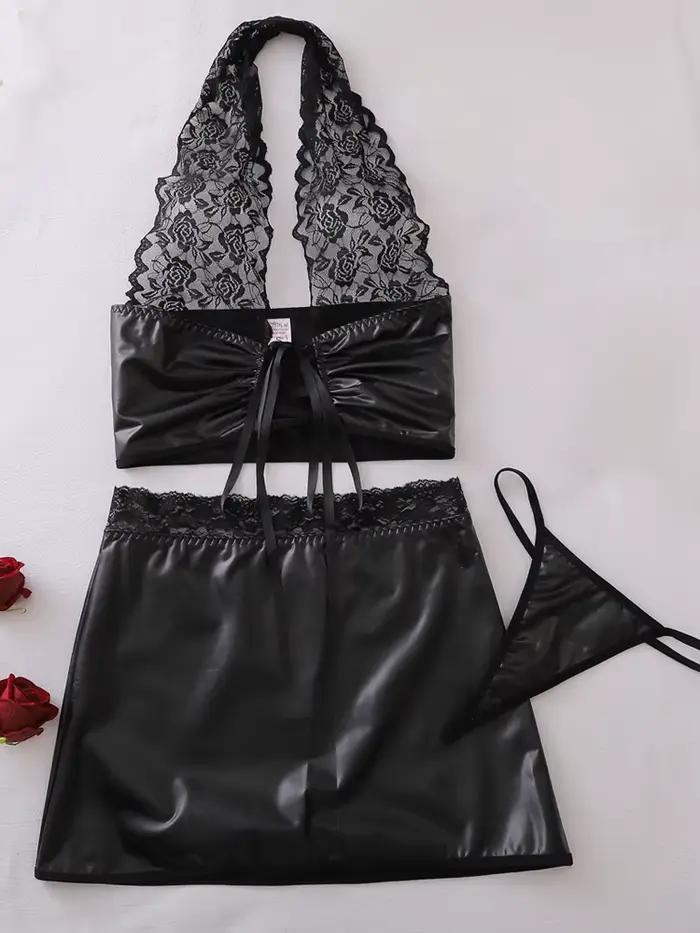 Lingerie sexy en PVC, Babydoll en dentelle, sous-vêtements, costumes à bretelles fines, Teddies, vêtements de nuit, costumes de fête en boîte de nuit, mini-jupe : S-L