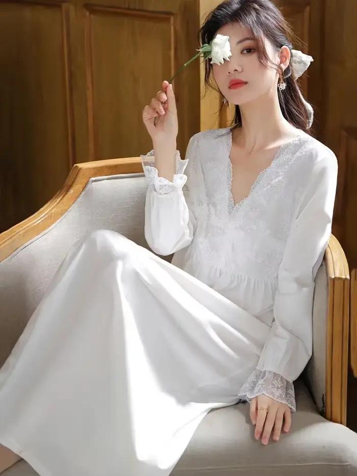 Femmes coton volants dentelle col en v Vintage chemises de nuit Robe nuisette à manches longues