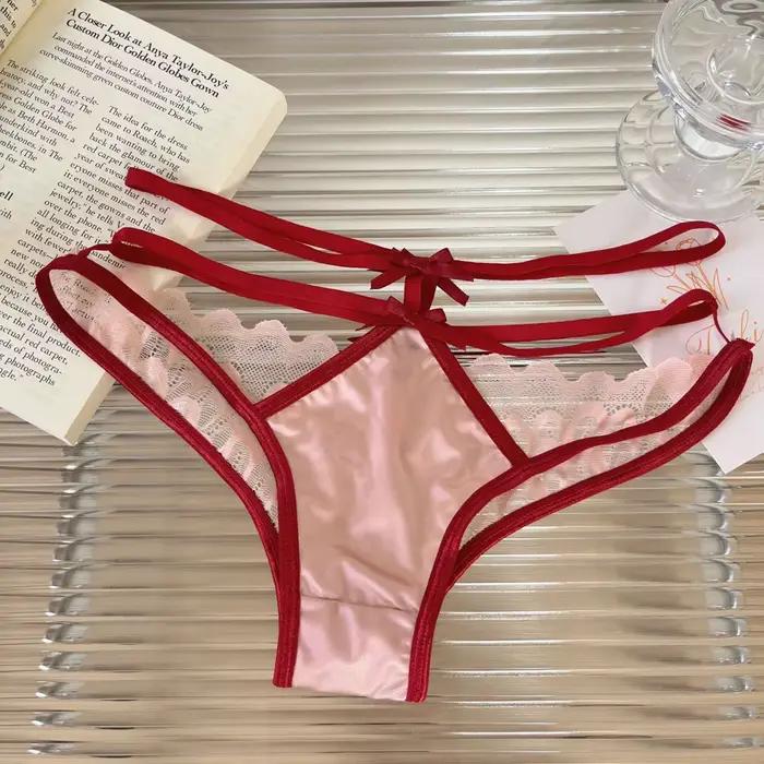 Culottes pour femmes en satin, slips en dentelle transparente à motif papillon, tissu lisse, design à double ceinture