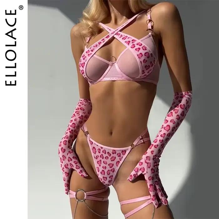 Ellolace léopard Lingerie soutien-gorge croisé Push Up intime voir à travers la dentelle chaude fille sous-vêtements romantique aimant coeur gants bas