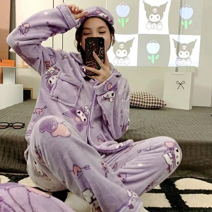 Ensemble de pyjama en flanelle thermique en peluche Kuromi pour femmes