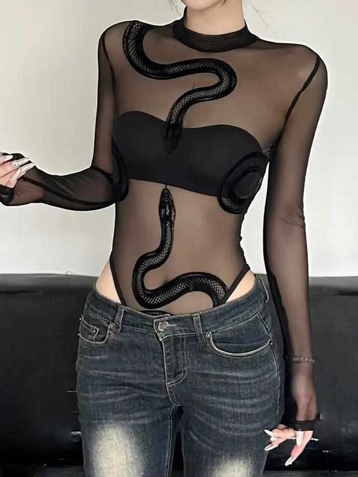 Combinaison en maille transparente imprimé serpent noir pour femme style sexy E-girl gothique Y2K soirées festivals nocturne audacieux