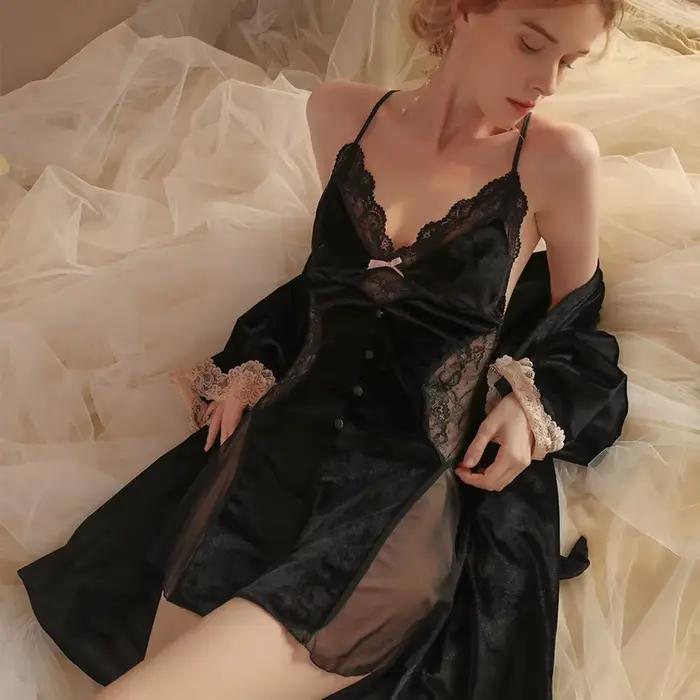 Ensemble de nuit en Satin pour femmes, Sexy, en dentelle, deux pièces, Kimono, peignoir, vêtements de maison, été