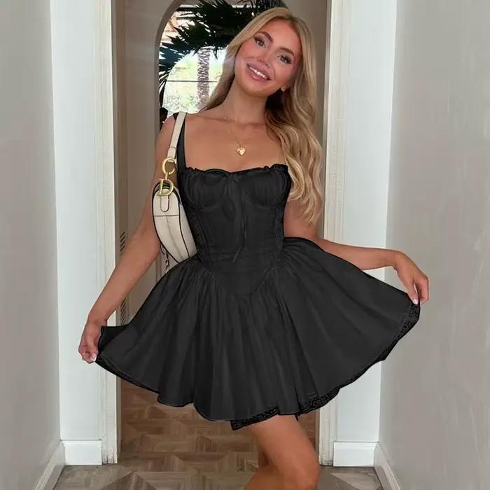 Élégant dentelle Corset décontracté blanc robe de Ballet courte col carré a-ligne pansement Mini robes doux Y2K noir 2025 été nouveau dans