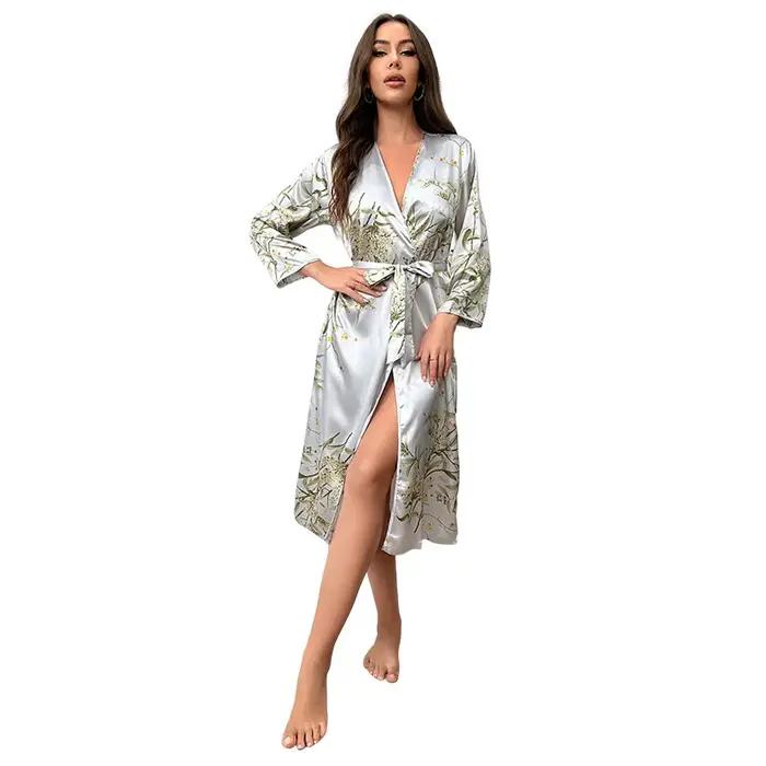 Vert imprimé vêtements de nuit femmes Sexy longue Kimono Robe col en v