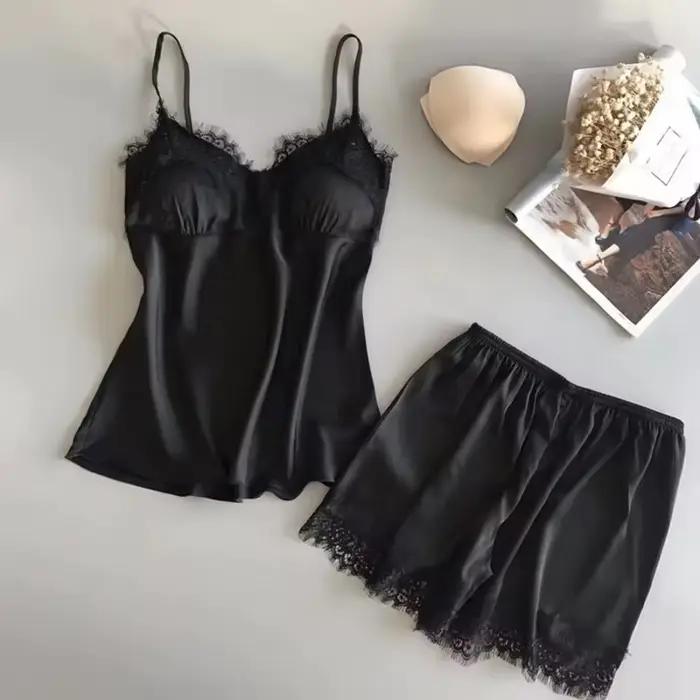 Femmes pyjama costume mode col en v Stretch Satin nuisette dentelle Sexy Lingerie nœud papillon Pyjamas sommeil Shorts ensemble vêtements de nuit nouveau