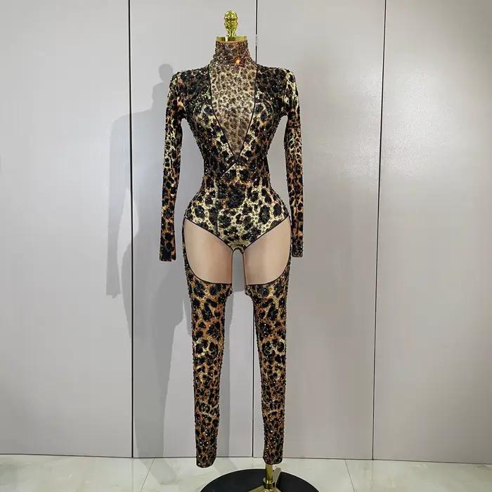 Combinaison moulante extensible sexy à imprimé léopard et diamants scintillants pour femme