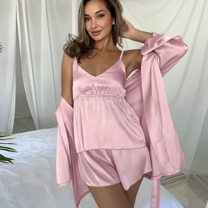 Nouvel ensemble pyjama 3 pièces en satin 2026 pour femme : robe sexy à manches longues + caraco + short – Tenue d'été
