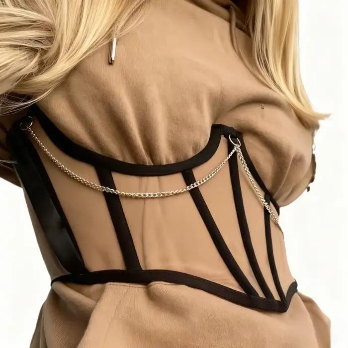 Corset sous-poitrine noir avec chaîne punk pour femmes style gothique dentelle ajustable tous les jours