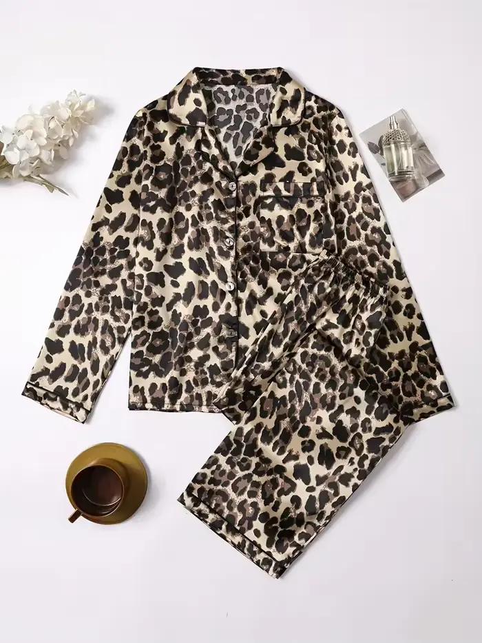 Ensemble pyjama en Satin de soie imprimé léopard pour femmes, vêtements de nuit, ample, décontracté, T-shirt à manches longues et pantalon, automne et hiver