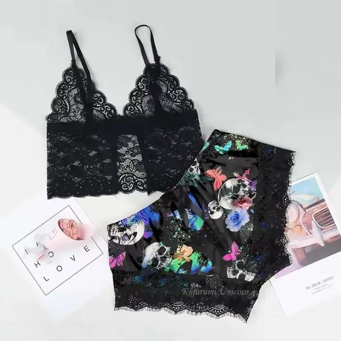 Halloween squelette imprimé pyjamas ensembles femmes dentelle Sexy Satin vêtements de nuit col en V sans manches