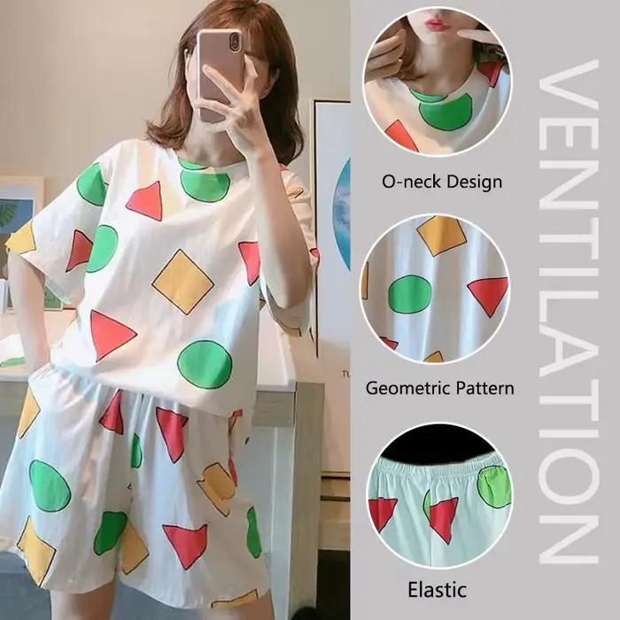 Pyjamas à manches courtes femmes été dessin animé mignon géométrique vêtements de nuit Homewear pull décontracté chemise