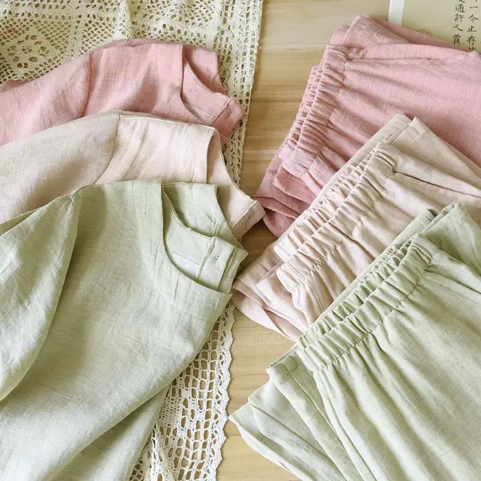 2025 Couple Tencel chanvre coton pyjamas hommes et femmes décontracté Simple et confortable à manches courtes pantalon ensemble de vêtements de détente