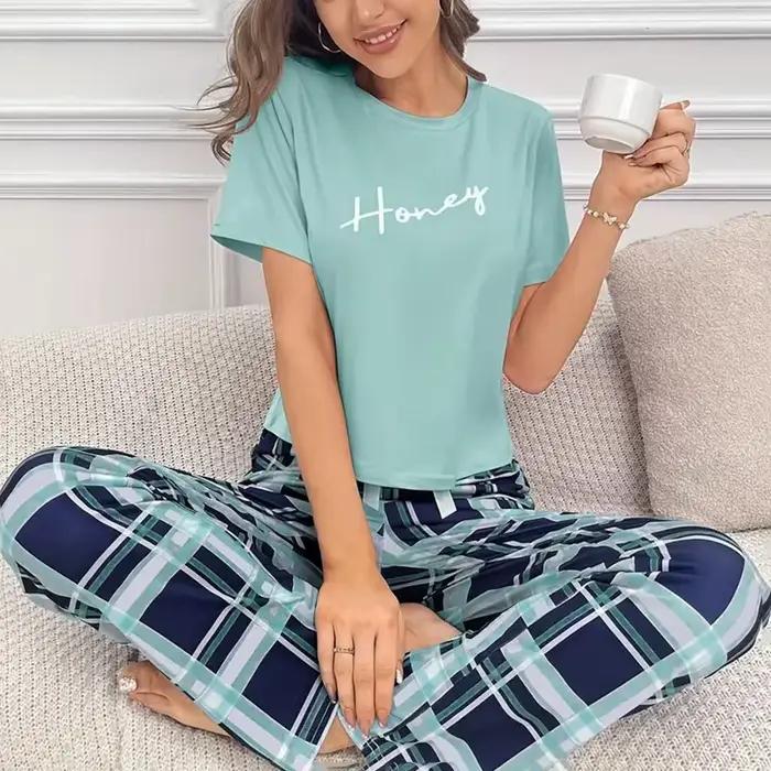 Ensemble de pyjama 2 pièces à imprimé lettre pour femme