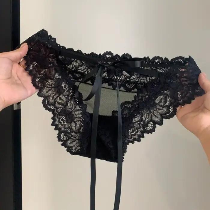 Culotte transparente à nœud en dentelle florale, taille basse, avec lacets, sans couture, en maille de dentelle pour femme