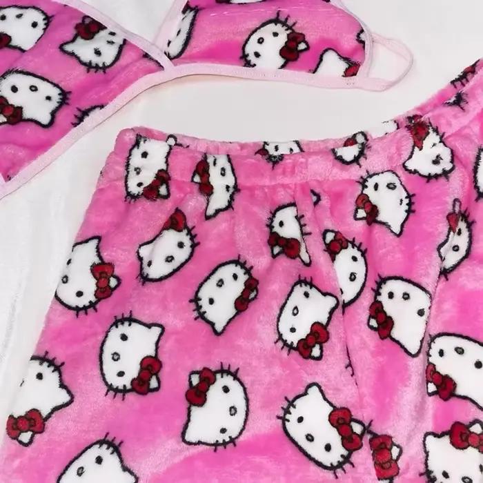 Pyjama Hello Kitty deux pièces pour femmes style sexy dessin animé polyester rose noir été nuit sous-vêtements occasions spéciales