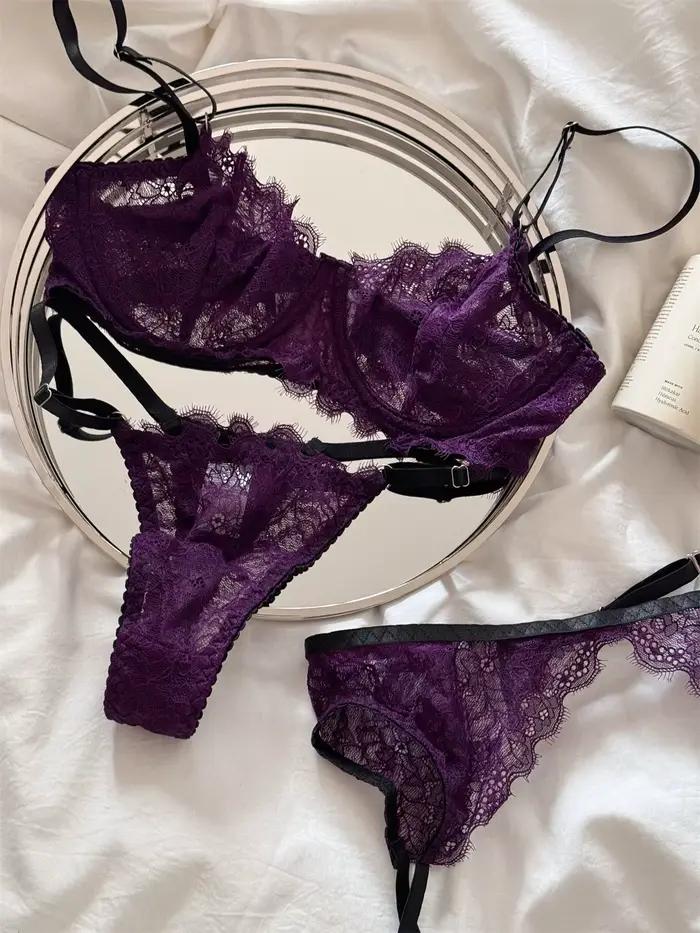 Ensemble de lingerie violette en dentelle fine froncée pour femmes