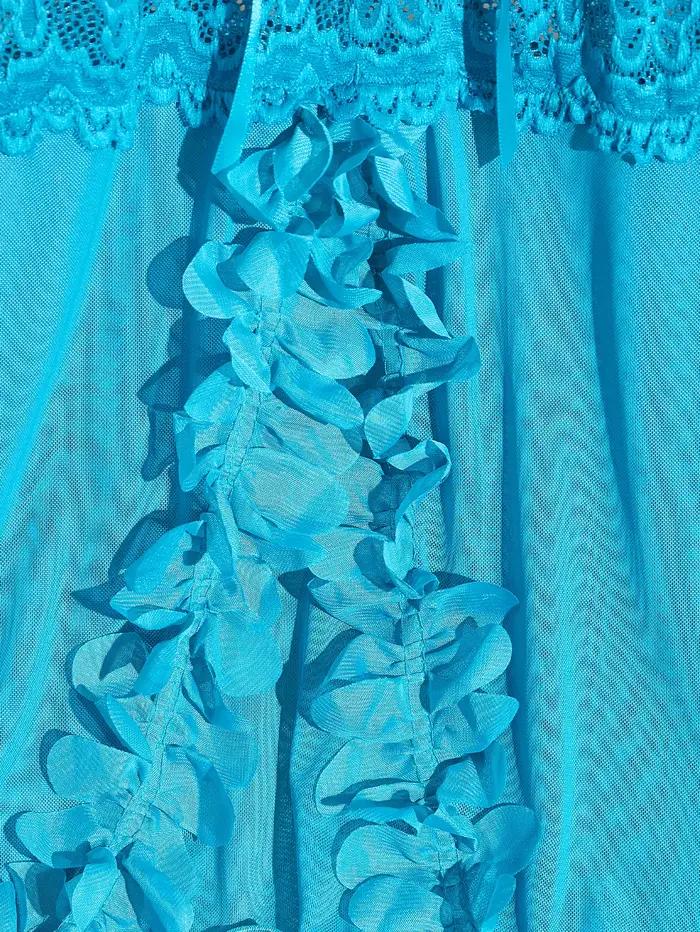 Ensemble de lingerie babydoll en dentelle bleue pour femme - Chemise à bretelles fines et col en V profond avec string