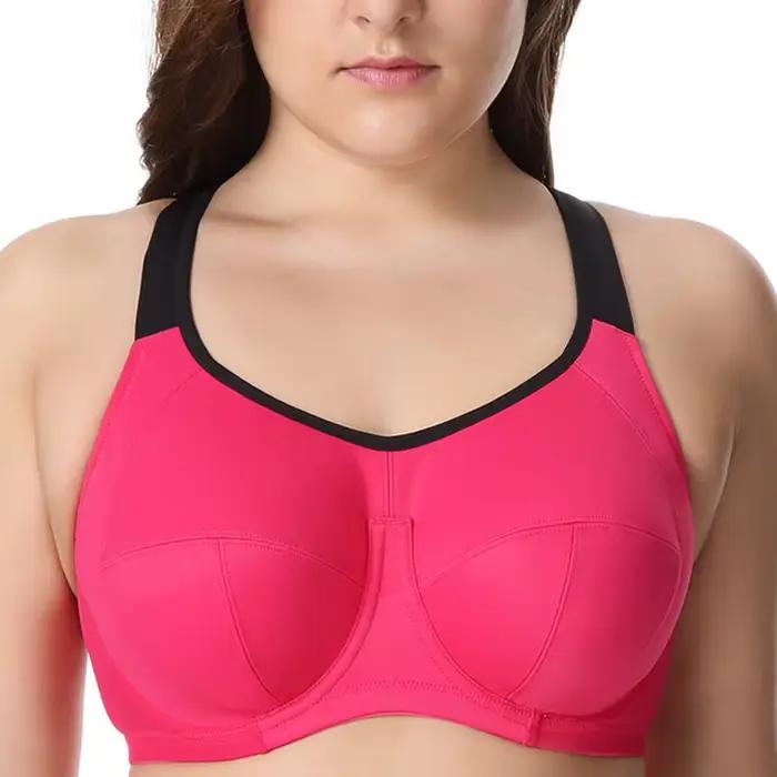 Soutien-gorge à armatures X-Back pour femmes, contrôle du rebond, couverture complète, sport actif, tissu polyamide, tasse pleine, fermeture au dos, bretelles non convertibles, couleurs fuchsia et noir, toutes tailles disponibles