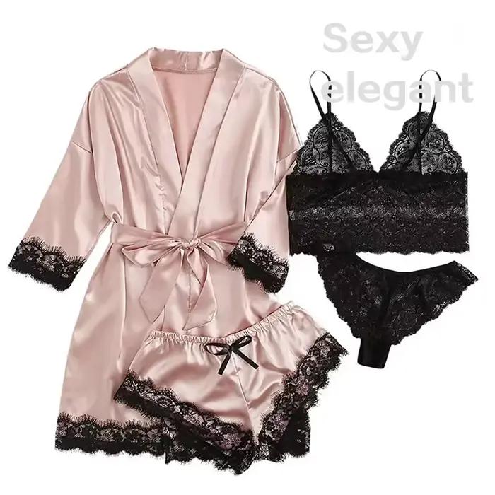 4 pièces femme vêtements de nuit pyjamas Ser avec Robe Sexy dentelle Lingerie peignoir soie Satin maison