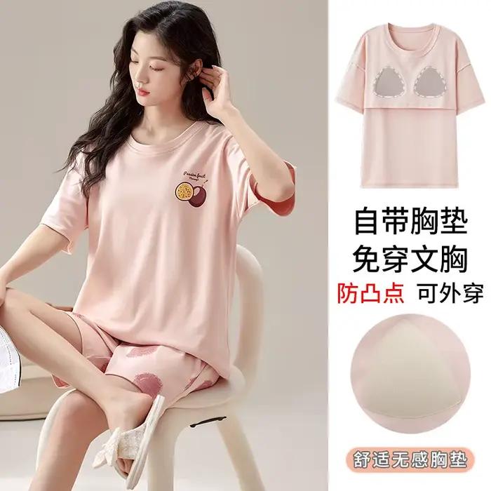 Pyjama d'été 100% coton pour femmes avec soutien-gorge rembourré