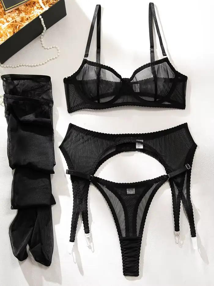 Belamimi Lingeries Sexy Sissy Voir À Travers Le Soutien-Gorge En Maille 3PC Ensemble avec Bas Sous-Vêtements Tentés Fantaisie Érotique Clubwear