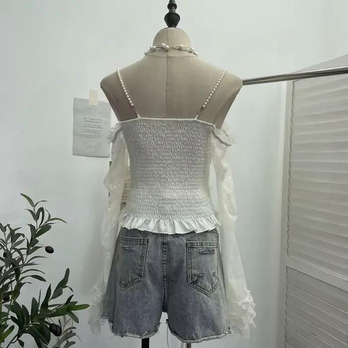 T-shirt en dentelle vintage ISAROSE pour femmes, style français, sans bretelles, imitation perles, bretelles, col en V, manches évasées en maille, hauts slim