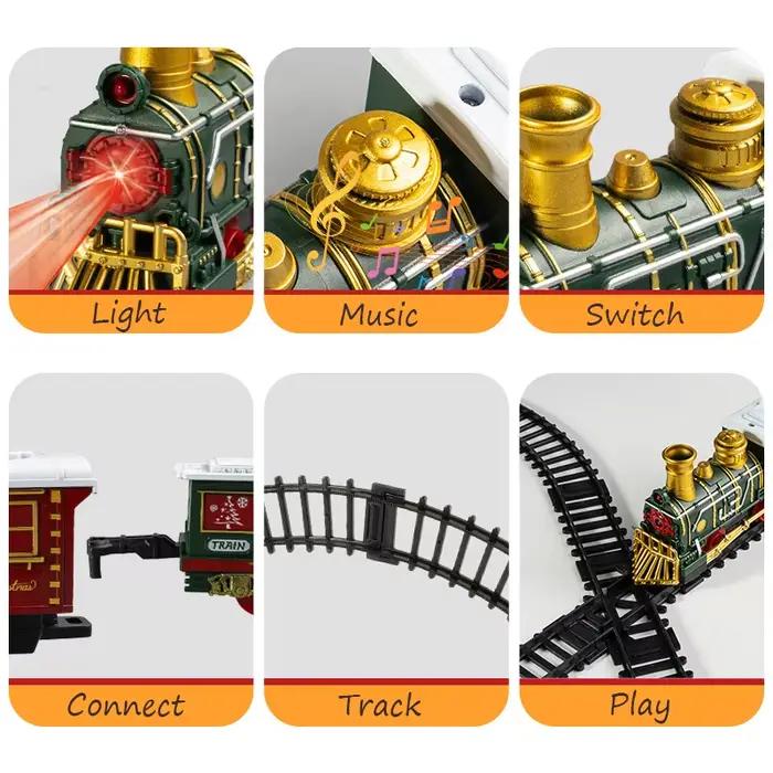 Train électrique jouet rétro avec musique et lumière, ensemble de rails, modèle ferroviaire de Noël, jouets de décoration de fête, cadeau pour adulte