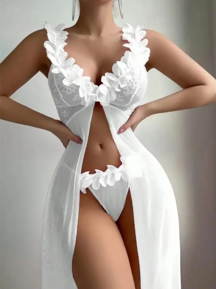 Robe de nuit en dentelle florale rose pour femmes, lingerie sexy, babydoll, robe de nuit exotique, dentelle profonde en V, maille transparente, chemises de nuit