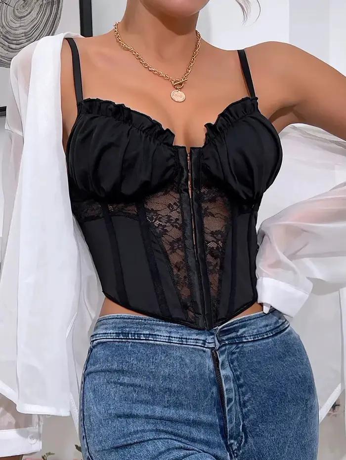 1 pièce de corset en tulle noir à volants en dentelle